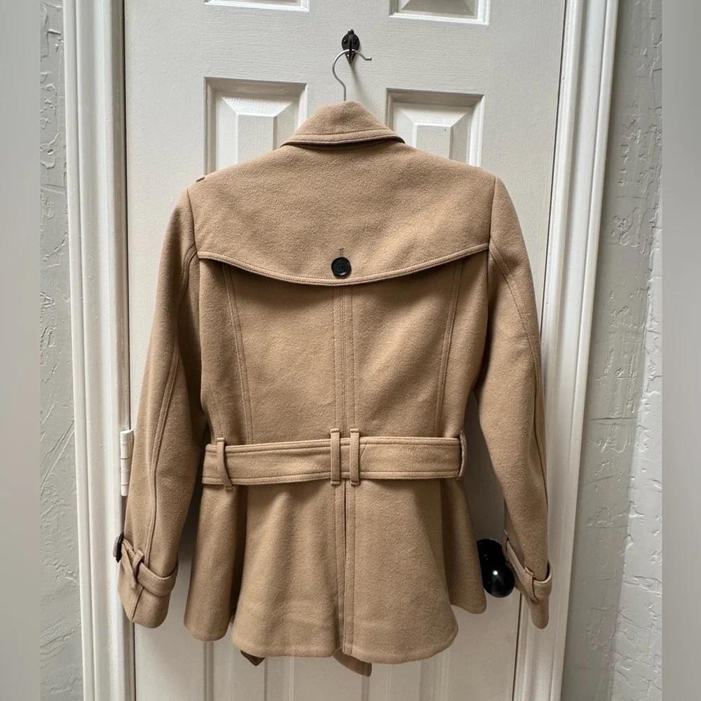 Burberry London Size US 8 Littleton Wool Cashmere Peplum Short Trench, Camel - Picture 5 of 15
